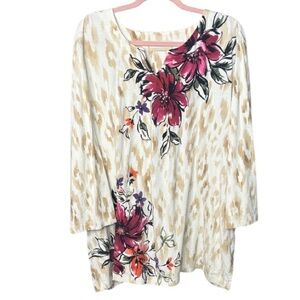 Alfred Dunner - Cream and Tan Floral & Animal Print Top w/ Rhinestones - Size 2X